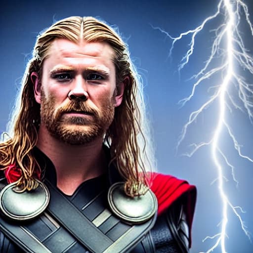  Thor as guard with long hair beard is standing front dark background with lightning bolt