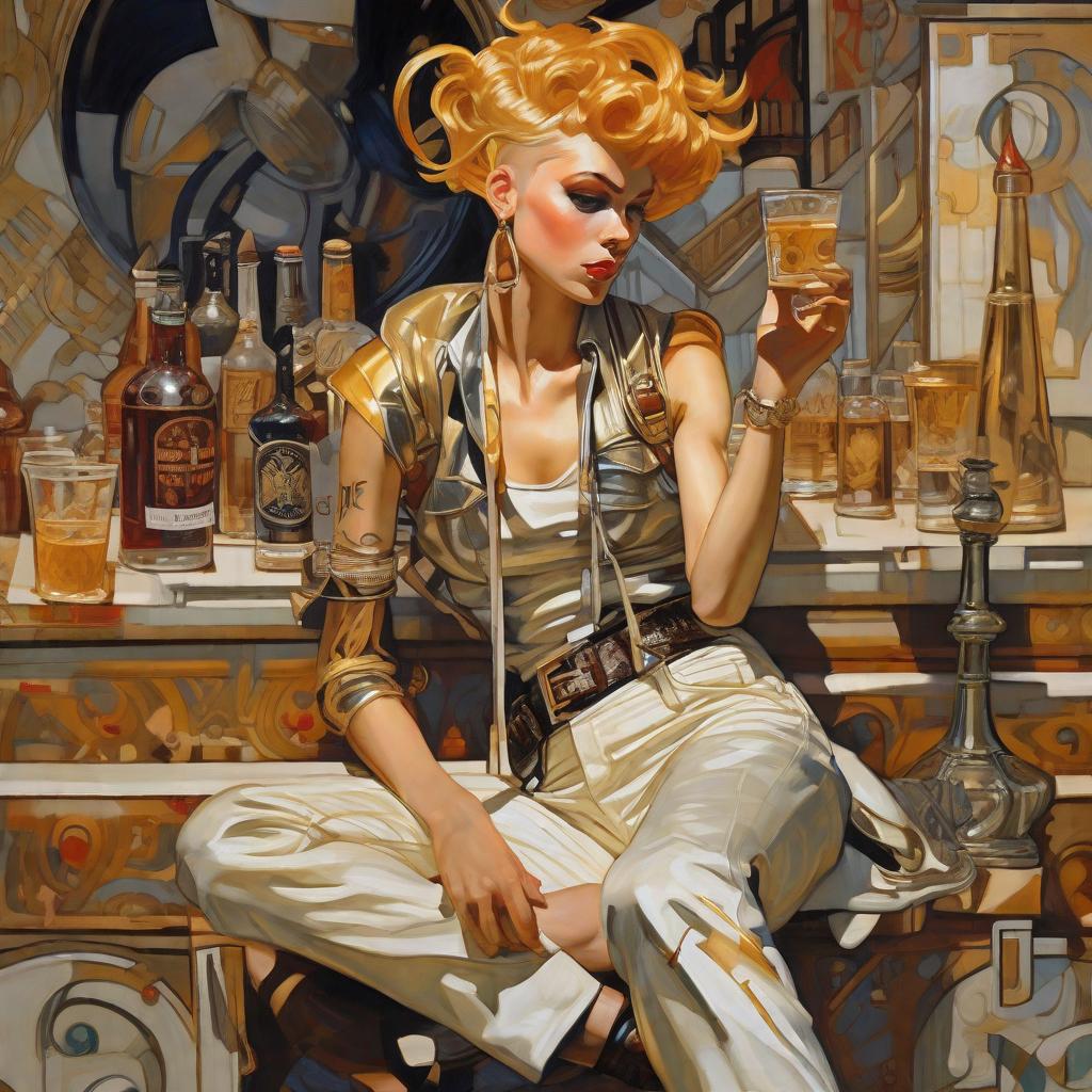  masterpiece, best quality, Gorgeous painting of full body Drunk punk girl. Beautiful oil painting classic style by J.C. Leyendecker. Style by J.C. Leyendecker. Dry brush strokes detail, Oil on canvas. textured strokes of oil paint. The picture is masterfully painted exclusively with brushes, masterful strokes exclusively with brushes