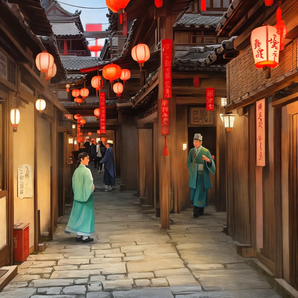  Ancient Chinese alley, a man and a woman walking inside, dusk time, the alley opened a teahouse, lit lanterns