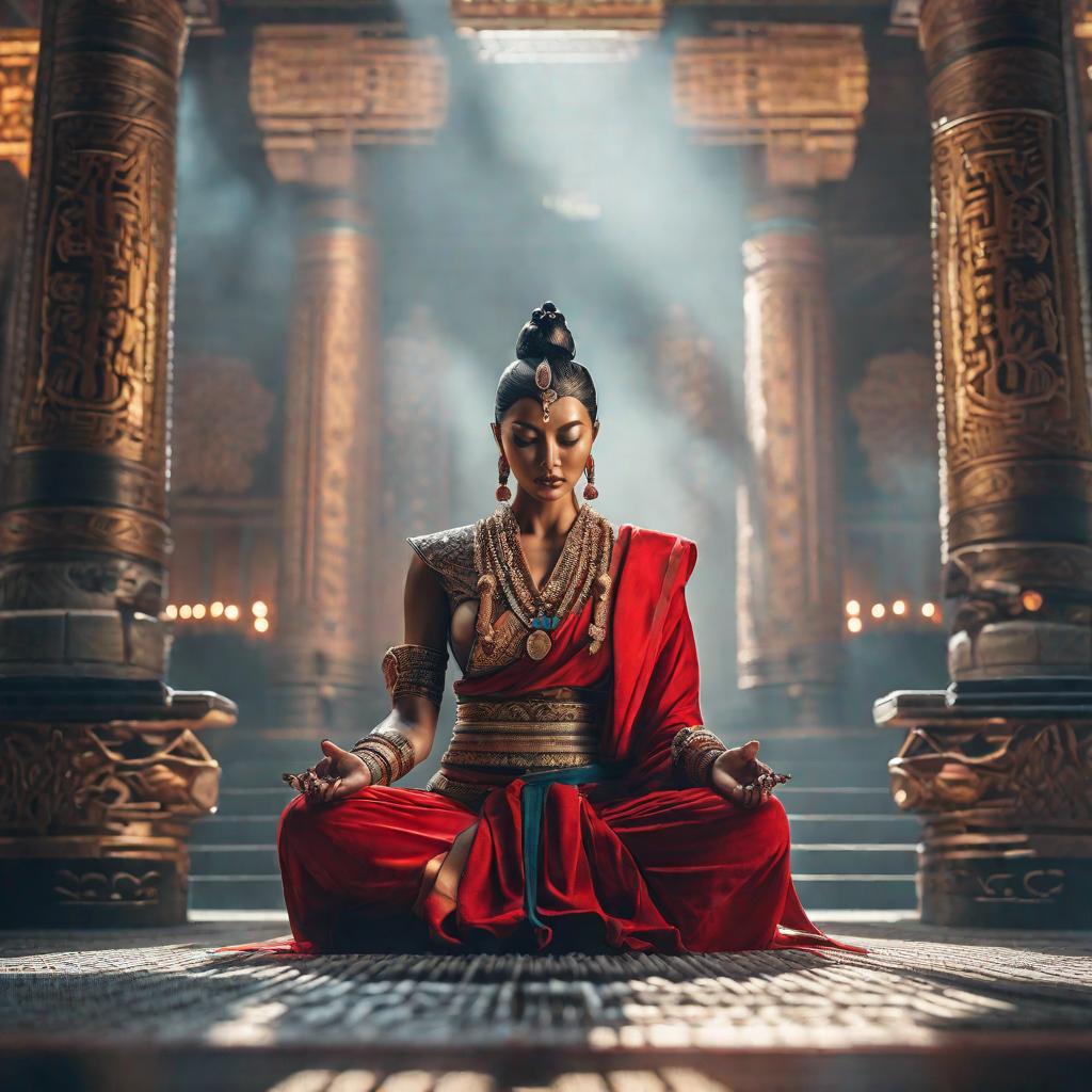  Yewa meditando hyperrealistic, full body, detailed clothing, highly detailed, cinematic lighting, stunningly beautiful, intricate, sharp focus, f/1. 8, 85mm, (centered image composition), (professionally color graded), ((bright soft diffused light)), volumetric fog, trending on instagram, trending on tumblr, HDR 4K, 8K