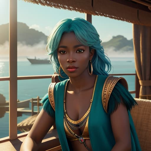  African female pirate with hazel eyes and teal colored hair , hyperrealistic, high quality, highly detailed, cinematic lighting, intricate, sharp focus, f/1. 8, 85mm, (centered image composition), (professionally color graded), ((bright soft diffused light)), volumetric fog, trending on instagram, HDR 4K, 8K