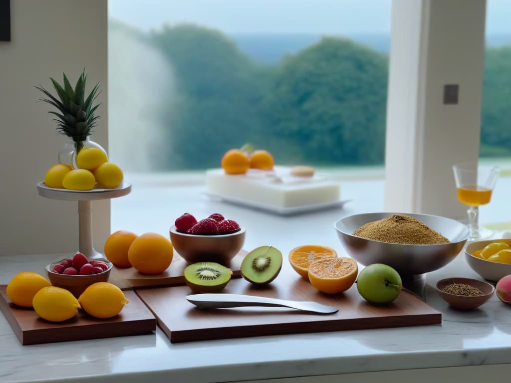  An ultradetailed image of a pristine, white marble countertop in a modern kitchen, adorned with an array of meticulously arranged baking tools and ingredients. The scene captures the essence of precision and professionalism, with shiny measuring spoons, sleek mixing bowls, and vibrant fruits neatly displayed alongside a stack of recipe books. The soft, natural light filtering through a nearby window casts a gentle glow over the scene, highlighting the intricate details of each item and creating a serene, inspiring atmosphere perfect for aspiring pastry chefs. hyperrealistic, full body, detailed clothing, highly detailed, cinematic lighting, stunningly beautiful, intricate, sharp focus, f/1. 8, 85mm, (centered image composition), (professionally color graded), ((bright soft diffused light)), volumetric fog, trending on instagram, trending on tumblr, HDR 4K, 8K