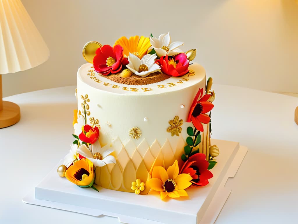  An intricately designed, minimalistic image of a beautifully decorated multilayered cake inspired by global flavors. The cake features intricate details such as delicate fondant flowers representing different countries, swirls of colorful icing symbolizing various spices, and edible gold leaf accents to add a touch of elegance. The background is a soft, neutral color to make the vibrant colors of the cake stand out, creating a visually striking and sophisticated image that perfectly complements the theme of exploring international flavors in baking. hyperrealistic, full body, detailed clothing, highly detailed, cinematic lighting, stunningly beautiful, intricate, sharp focus, f/1. 8, 85mm, (centered image composition), (professionally color graded), ((bright soft diffused light)), volumetric fog, trending on instagram, trending on tumblr, HDR 4K, 8K