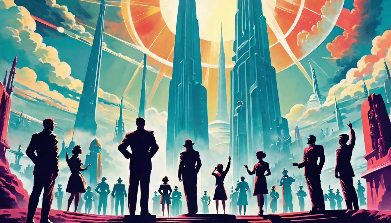  retro futuristic A collective of silhouetted figures, hands raised towards the sky, a unified aura of energy connecting them, Monument of collective will, Vibrant and empowering lvintage sci fi, 50s and 60s style, atomic age, vibrant, highly detailed