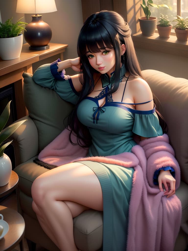  An cute and anime wearing blue china dress, black mid length hair with bangs, bare shoulders, bare arms, exudes feminine charm, greeny eyes with attractive lashes, full subtle mauve lipstick, large s covered by curved fit dress, blush, expression on face Background:cozy living room with a crackling fireplace, plush sofas with throw pillows, warm ambient lighting, wooden bookshelves filled with books, a soft knitted throw blanket on an armchair, family photos on the mantelpiece, a lazy cat sleeping on a window sill, a steaming mug of tea on a side table, indoor plants adding a touch of green, hardwood floors with a area rug, tranquil and inviting atmosphere. hyperrealistic, full body, detailed clothing, highly detailed, cinematic lighting, stunningly beautiful, intricate, sharp focus, f/1. 8, 85mm, (centered image composition), (professionally color graded), ((bright soft diffused light)), volumetric fog, trending on instagram, trending on tumblr, HDR 4K, 8K