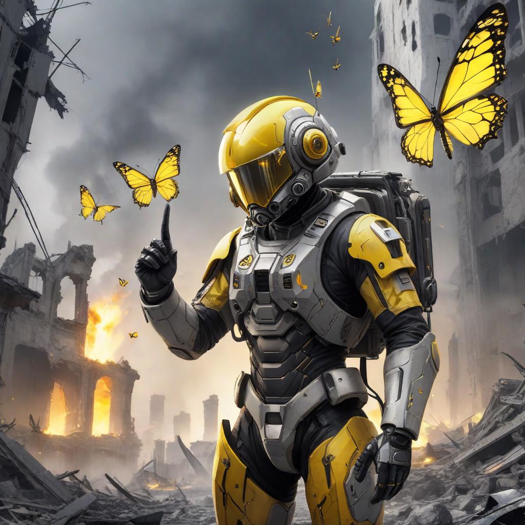  a desperate fulllength soldier in a helmet and a futuristic exoskeleton looks at a small glowing yellow butterfly, is sad, points with his index finger at a butterfly, the background is destroyed buildings and ruins, the background is gray flames and ruins, glowing reflections from a small yellow butterfly on a gray exoskeleton and helmet, the background is gray, devastation and hopelessness, background colors gray, black and yellow, a lot of gray and a yellow, hyperrealism, high resolution, high detail, futuristic style, a lot of drama, 8k, drawing anime fiction cartoon style --v 5.2, cute, hyper detail, full HD hyperrealistic, full body, detailed clothing, highly detailed, cinematic lighting, stunningly beautiful, intricate, sharp focus, f/1. 8, 85mm, (centered image composition), (professionally color graded), ((bright soft diffused light)), volumetric fog, trending on instagram, trending on tumblr, HDR 4K, 8K