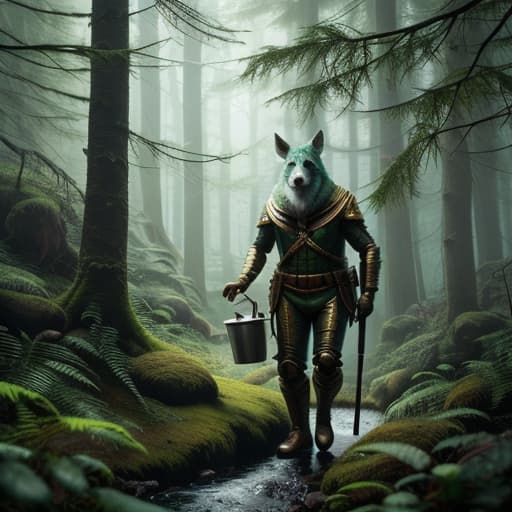  A puppetry character fetching water in the mushy green forest with spaceship above hyperrealistic, full body, detailed clothing, highly detailed, cinematic lighting, stunningly beautiful, intricate, sharp focus, f/1. 8, 85mm, (centered image composition), (professionally color graded), ((bright soft diffused light)), volumetric fog, trending on instagram, trending on tumblr, HDR 4K, 8K