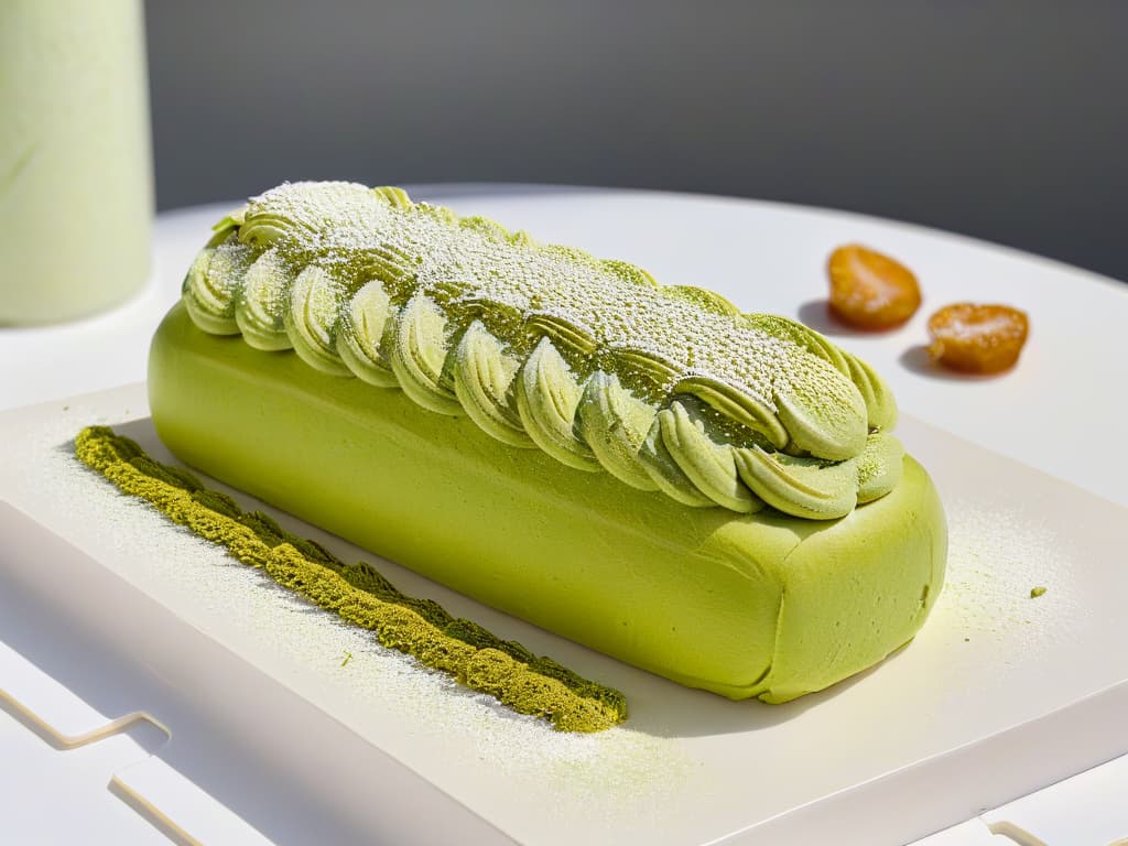  A closeup, ultradetailed image of a delicate, intricate, and perfectly crafted matcha green tea eclair by Sadaharu Aoki. The eclair is meticulously decorated with precise lines of vibrant green matcha cream, dusted with a fine sprinkle of gold leaf, and topped with a single elegant choux pastry stick. The background is blurred, focusing all attention on the exquisite details of the eclair, highlighting the artistry and precision of Sadaharu Aoki's pastry creations. hyperrealistic, full body, detailed clothing, highly detailed, cinematic lighting, stunningly beautiful, intricate, sharp focus, f/1. 8, 85mm, (centered image composition), (professionally color graded), ((bright soft diffused light)), volumetric fog, trending on instagram, trending on tumblr, HDR 4K, 8K