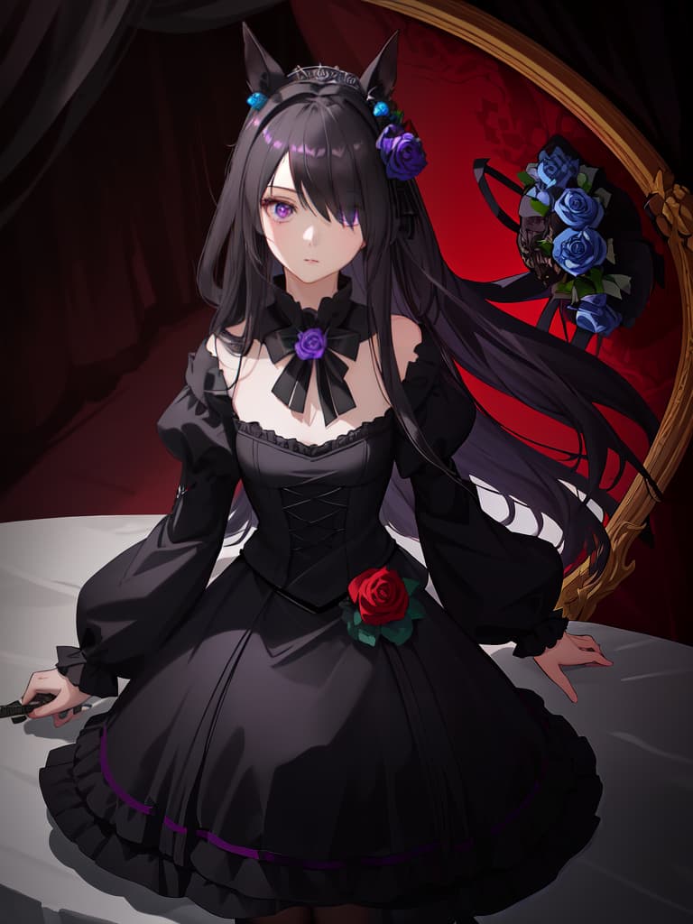  (masterpiece:1.2),(best quality:1.2),realistic,1 girl,black long hair,hair over one eye,purple eyes,(black wedding dress:1.2),wine red sleeves,blue roses bouquet,horse ears,small black hat with a blue rose,in,stained gl,knife holder on left waist,rice shower,cowboy shot,pov,looking at viewer, masterpiece, best quality,8k,ultra detailed,high resolution,an extremely delicate and beautiful,hyper detail