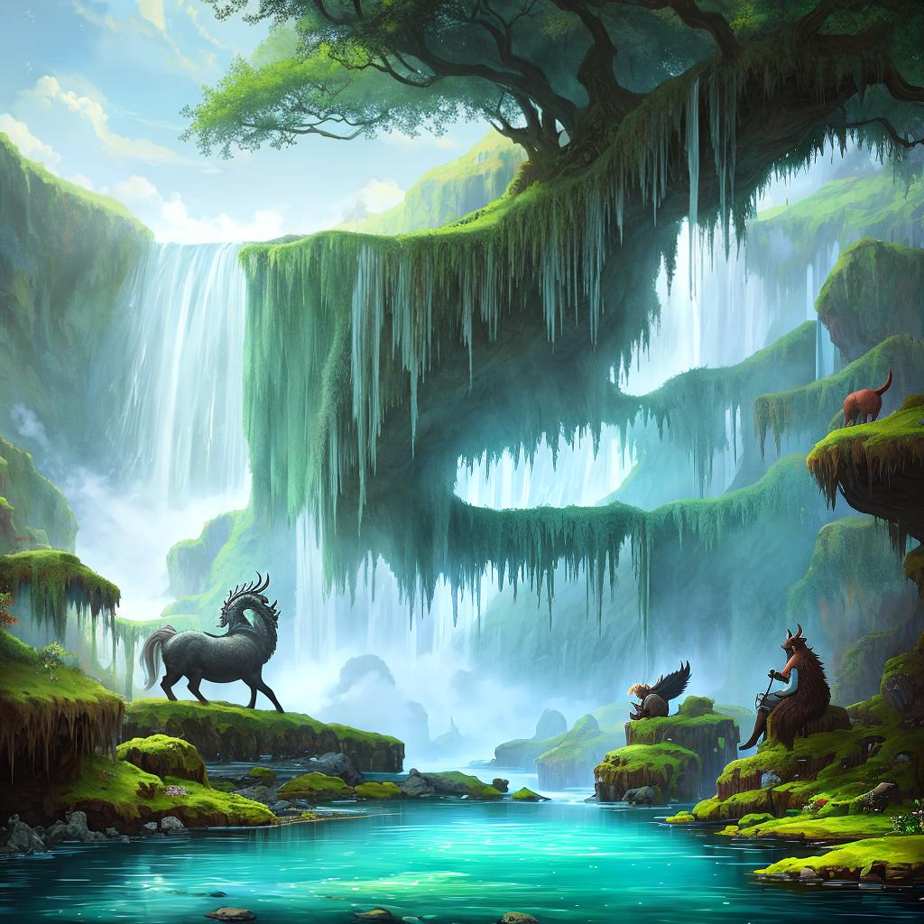  in a fantasy setting, Paint a surreal landscape where mythical beasts roam amidst cascading waterfalls.