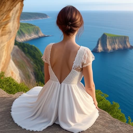  The back of a woman in a pretty dress sitting on a cliffside with beautiful view in front of her