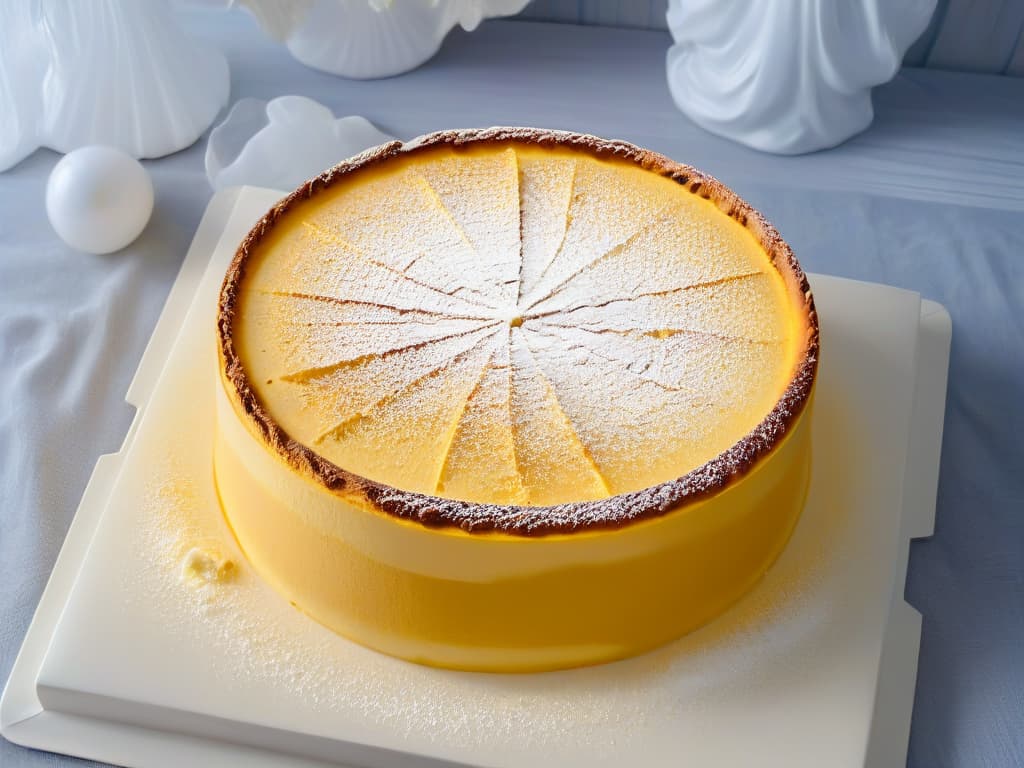  A minimalist, highresolution image of a perfectly baked and goldenbrown silky smooth cheesecake, topped with a light dusting of powdered sugar. The cheesecake should be displayed on a simple, elegant white plate, set against a clean, uncluttered background to emphasize the creamy texture and rich color of the dessert. hyperrealistic, full body, detailed clothing, highly detailed, cinematic lighting, stunningly beautiful, intricate, sharp focus, f/1. 8, 85mm, (centered image composition), (professionally color graded), ((bright soft diffused light)), volumetric fog, trending on instagram, trending on tumblr, HDR 4K, 8K