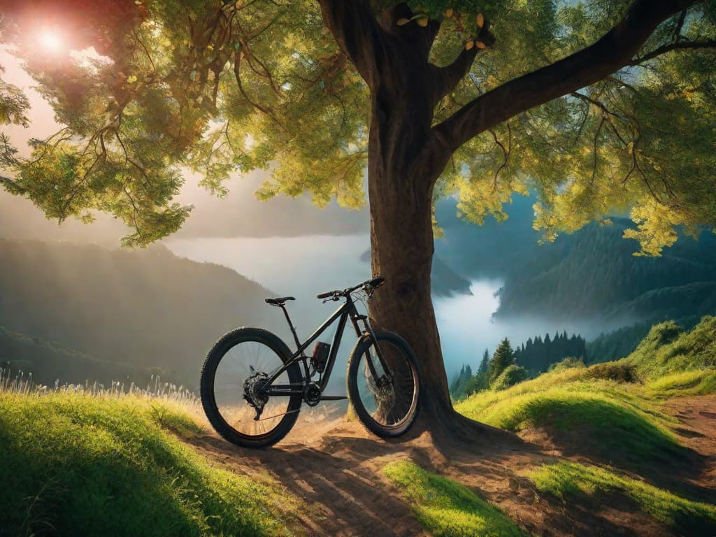  A mountain bike resting against a tree with a helmet hanging on the handlebars, surrounded by lush greenery and a scenic mountain backdrop. digital art, ilustration hyperrealistic, full body, detailed clothing, highly detailed, cinematic lighting, stunningly beautiful, intricate, sharp focus, f/1. 8, 85mm, (centered image composition), (professionally color graded), ((bright soft diffused light)), volumetric fog, trending on instagram, trending on tumblr, HDR 4K, 8K