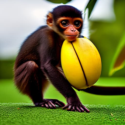 mdjrny-v4 style A mischievous brown spider monkey playfully jumps out from within a perfectly ripe and vibrant yellow banana, with its tufted tail gracefully curled and its expressive eyes sparkling with curious mischief.