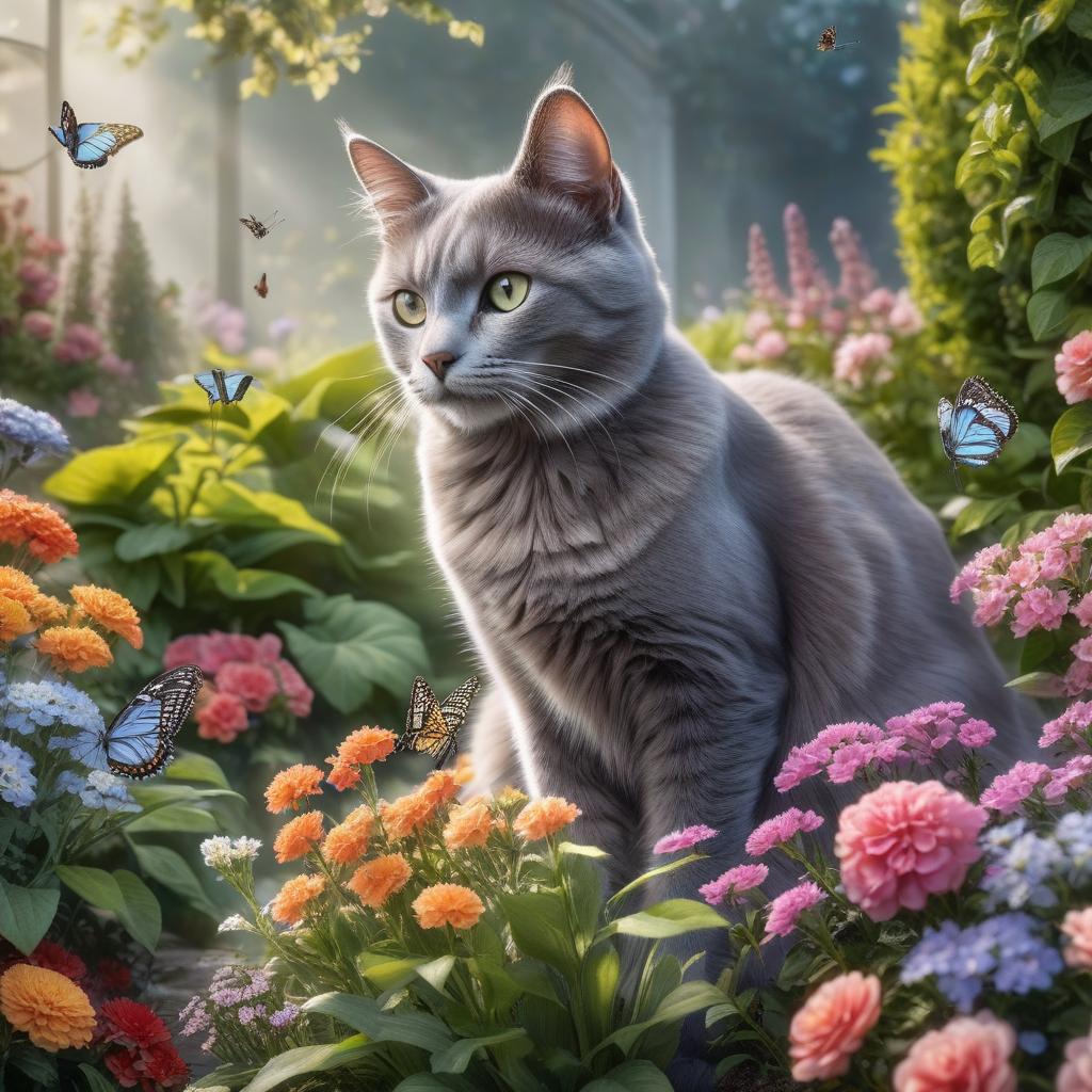  Masterpiece. Highly detailed, Flower bed in the garden. A gray cat jumps and catches a butterfly. hyperrealistic, full body, detailed clothing, highly detailed, cinematic lighting, stunningly beautiful, intricate, sharp focus, f/1. 8, 85mm, (centered image composition), (professionally color graded), ((bright soft diffused light)), volumetric fog, trending on instagram, trending on tumblr, HDR 4K, 8K