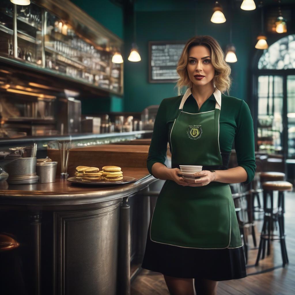  cinematic film still A waitress in an emerald apron in a Harry Potter style café. . shallow depth of field, vignette, highly detailed, high budget, bokeh, cinemascope, moody, epic, gorgeous, film grain, grainy hyperrealistic, full body, detailed clothing, highly detailed, cinematic lighting, stunningly beautiful, intricate, sharp focus, f/1. 8, 85mm, (centered image composition), (professionally color graded), ((bright soft diffused light)), volumetric fog, trending on instagram, trending on tumblr, HDR 4K, 8K