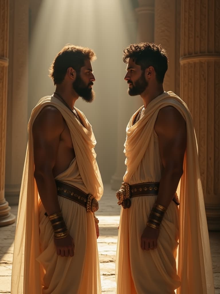  this image features a pair of roman patricians, dressed in translucent togas, engaged in conversation. the photo captures a cinematic aesthetic reminiscent of a mystical action movie still, using rollei retro film grain and side lighting from the left to enhance the visual narrative. the styling portrays a moment frozen in time, as if lifted directly from a film.