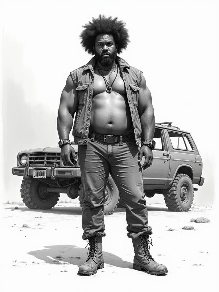  create a character sheet in pencil sketch style featuring an afrodescendant adult male with a plus sized body. the setting is a post apocalyptic, tense atmosphere akin to a 'mad max' movie, complete with a rusty war vehicle in the background. he sports a curly fro hairstyle and wears combat boots, holding a pilot helmet in one hand. the scene unfolds in a studio with a clean, minimalist, white background. the color scheme is monochromatic, employing different shades and tints of a single color.