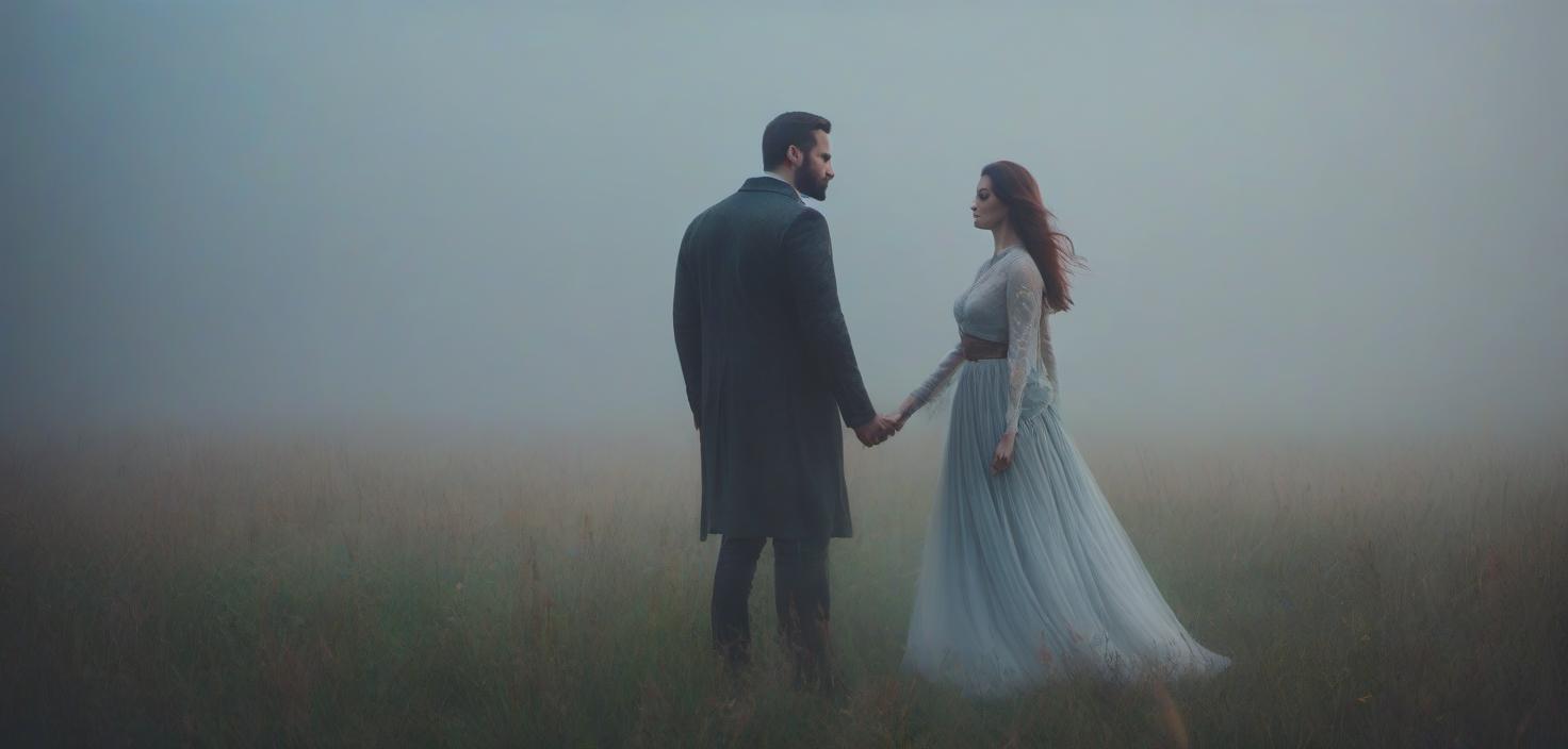  A man and a girl in the mist in the field. hyperrealistic, full body, detailed clothing, highly detailed, cinematic lighting, stunningly beautiful, intricate, sharp focus, f/1. 8, 85mm, (centered image composition), (professionally color graded), ((bright soft diffused light)), volumetric fog, trending on instagram, trending on tumblr, HDR 4K, 8K