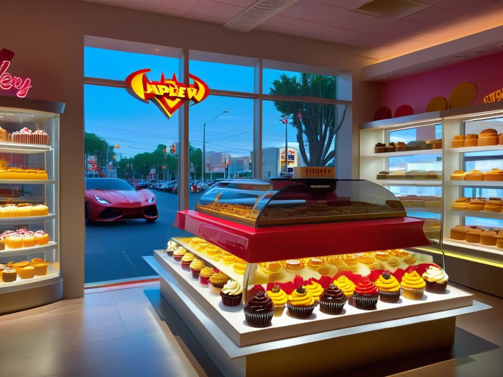  An ultradetailed 8k image of a sleek, modern bakery storefront with a large window displaying a wide array of beautifully decorated pop culturethemed desserts, from intricately designed superhero cupcakes to elegantly crafted moviethemed cakes. The interior is softly lit, emphasizing the vibrant colors and intricate details of the desserts, while the minimalist decor of the bakery enhances the focus on the mouthwatering treats. The image conveys a sense of creativity, professionalism, and innovation in merging pop culture trends with the art of pastrymaking. hyperrealistic, full body, detailed clothing, highly detailed, cinematic lighting, stunningly beautiful, intricate, sharp focus, f/1. 8, 85mm, (centered image composition), (professionally color graded), ((bright soft diffused light)), volumetric fog, trending on instagram, trending on tumblr, HDR 4K, 8K