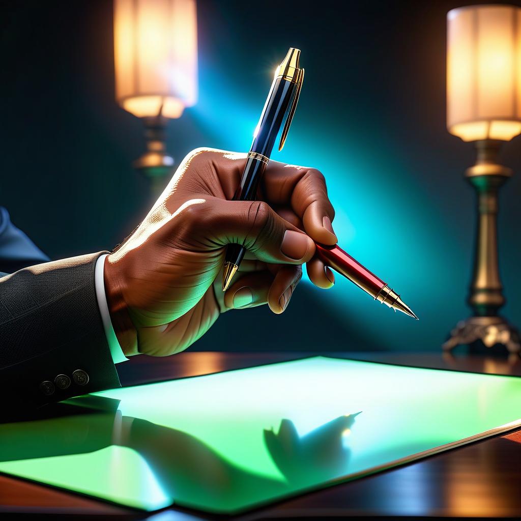  An extended hand points to a pen. The pen is the main focus of the image, located in the center. Background gradient, backlight. In a 3D style, GTA 5. hyperrealistic, full body, detailed clothing, highly detailed, cinematic lighting, stunningly beautiful, intricate, sharp focus, f/1. 8, 85mm, (centered image composition), (professionally color graded), ((bright soft diffused light)), volumetric fog, trending on instagram, trending on tumblr, HDR 4K, 8K