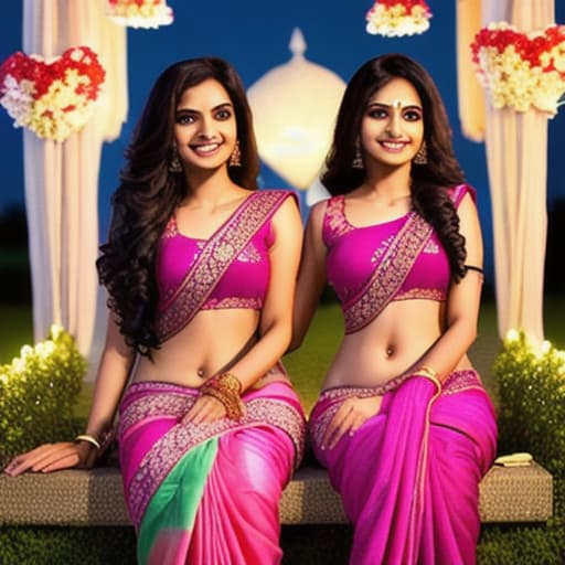  2 saree Girl's doing romance in night at flower bed at legs night lamp and jewellery body and full hair romantic eyes cute smile in 8d look