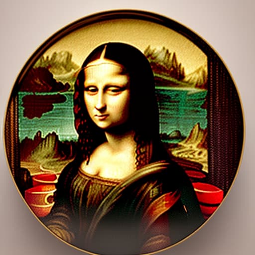  The Mona Lisa holding a white plate of fine dark chocolate candy pieces in red candy cups. Enlarge background. Painted in the style of Leonardo Da Vinci.