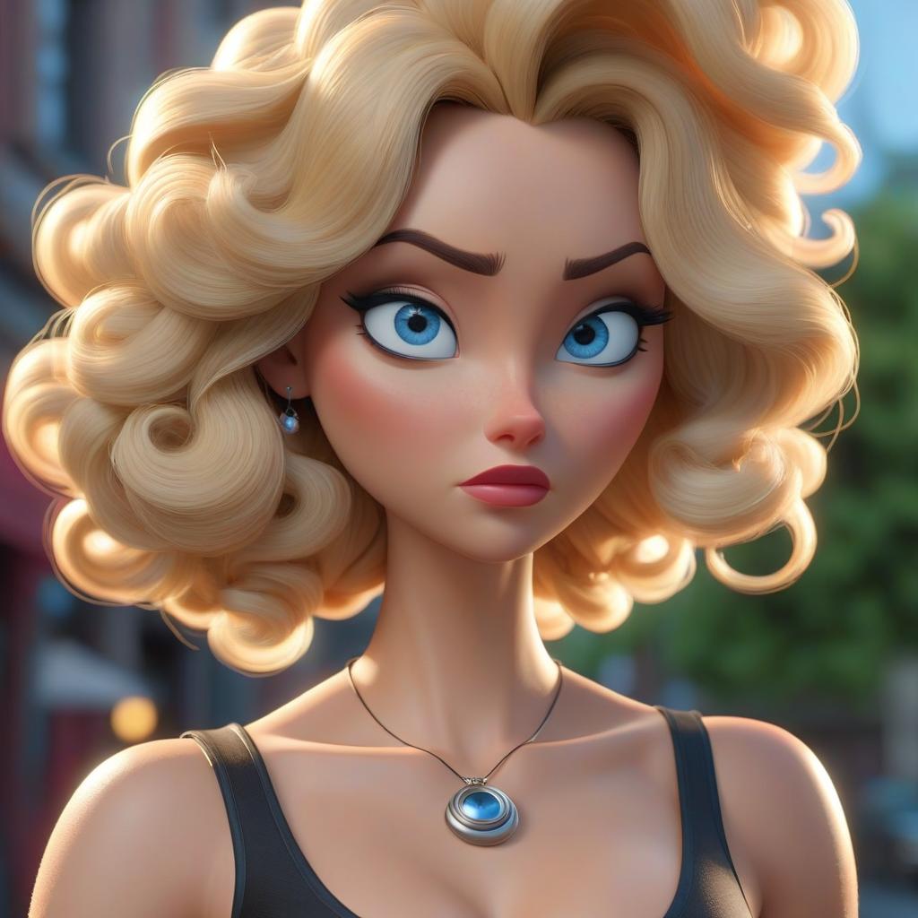  professional 3d model Draw a woman in a Pixar style: she is very serious. She has large blue eyes. She is a blonde with curly hair. Her hair is straight. She is chubby. . octane render, highly detailed, volumetric, dramatic lighting hyperrealistic, full body, detailed clothing, highly detailed, cinematic lighting, stunningly beautiful, intricate, sharp focus, f/1. 8, 85mm, (centered image composition), (professionally color graded), ((bright soft diffused light)), volumetric fog, trending on instagram, trending on tumblr, HDR 4K, 8K