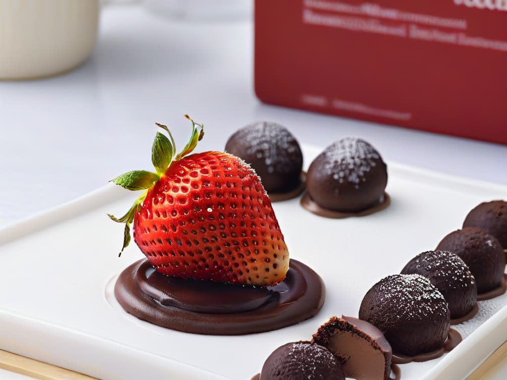  A closeup, photorealistic image of a perfectly ripe, organic strawberry being dipped in rich, decadent dark chocolate, with droplets of chocolate falling gracefully beside it onto a pristine white marble countertop. The vibrant red of the strawberry juxtaposed with the deep brown of the chocolate creates a visually striking and mouthwatering image, showcasing the beauty and deliciousness of using organic ingredients in desserts. hyperrealistic, full body, detailed clothing, highly detailed, cinematic lighting, stunningly beautiful, intricate, sharp focus, f/1. 8, 85mm, (centered image composition), (professionally color graded), ((bright soft diffused light)), volumetric fog, trending on instagram, trending on tumblr, HDR 4K, 8K