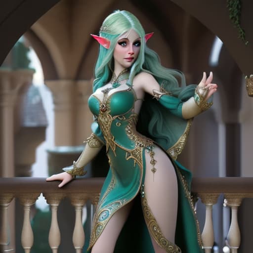  fantasy elven beautifull and opulent dress over balcony with her tight up watching out of castle on her kingdom