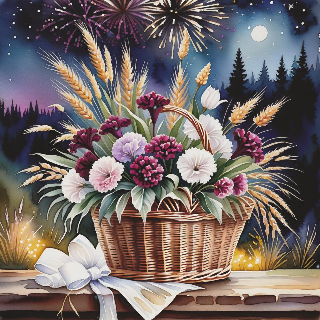  watercolor painting (Bouquet in a wicker basket). The handle of the basket is decorated with a white satin bow with brown polka dots. In the basket is a floral composition: of wheat ears, burgundy carnations, flowers, lavender and in the centre of the bouquet one white pink lily. (Background):night starry sky with flashes of fireworks. Style:fantasy, watercolour, landscape still life genre. . vibrant, beautiful, painterly, detailed, textural, artistic hyperrealistic, full body, detailed clothing, highly detailed, cinematic lighting, stunningly beautiful, intricate, sharp focus, f/1. 8, 85mm, (centered image composition), (professionally color graded), ((bright soft diffused light)), volumetric fog, trending on instagram, trending on tumblr, HDR 4K, 8K