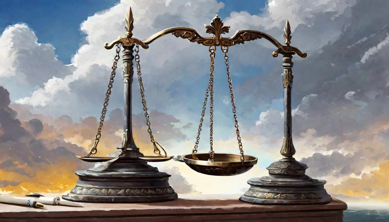  digital painting of Scales of justice balanced evenly, a sword laid beside them, symbolizing strict enforcement, order, unwavering conviction looking at viewer, dynamic pose, (intricate details, masterpiece, best quality)