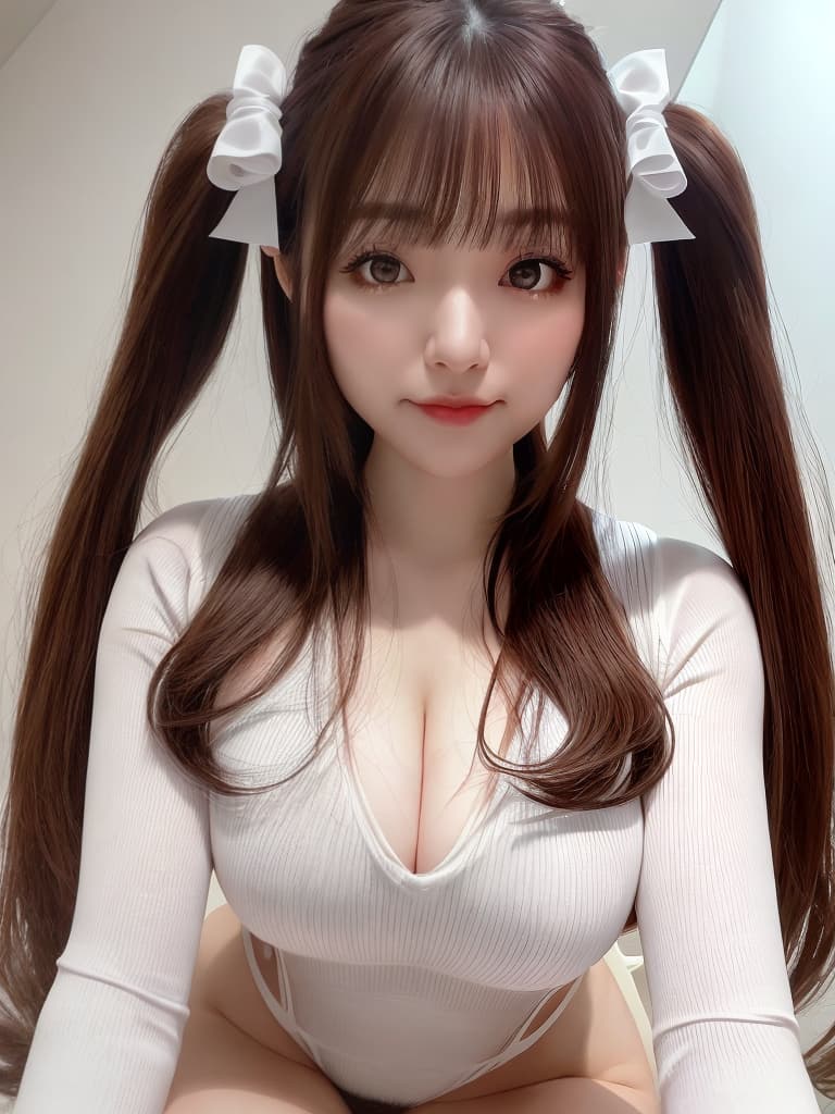  (real person), (:1.5), Adorable really young Female, Japanese, short, age 22, room, long brown hair with twin tails and white bows on the side, brown big eyes, fairly pale skin, cute doll like face, wearing an extremely tight white bodysuit with s and s popping out and a mive v neck, with tight thigh high brown socks, full body, sitting looking at the viewer with a and ful face, fat and a bimbo body, fat , high detailed face, beautiful eyes, best quality, ultra high resolution, extremely detailed, bright light, 1 , solo, ultra realistic hyperrealistic, full body, detailed clothing, highly detailed, cinematic lighting, stunningly beautiful, intricate, sharp focus, f/1. 8, 85mm, (centered image composition), (professionally color graded), ((bright soft diffused light)), volumetric fog, trending on instagram, trending on tumblr, HDR 4K, 8K