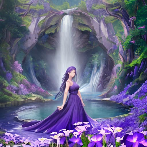  A beautiful waterfall and in it the face of a beautiful lady with purple eyes and trees and flowers and violets in the same place and a dragon next to her