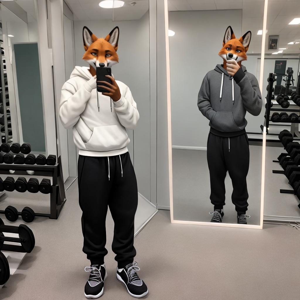  as a cinematic render, Anthro male fox, sweatshirt, sweatpants, in a gym, selfie, in mirror, smiling, full length portrait hyperrealistic, detailed clothing, 4K, 8K