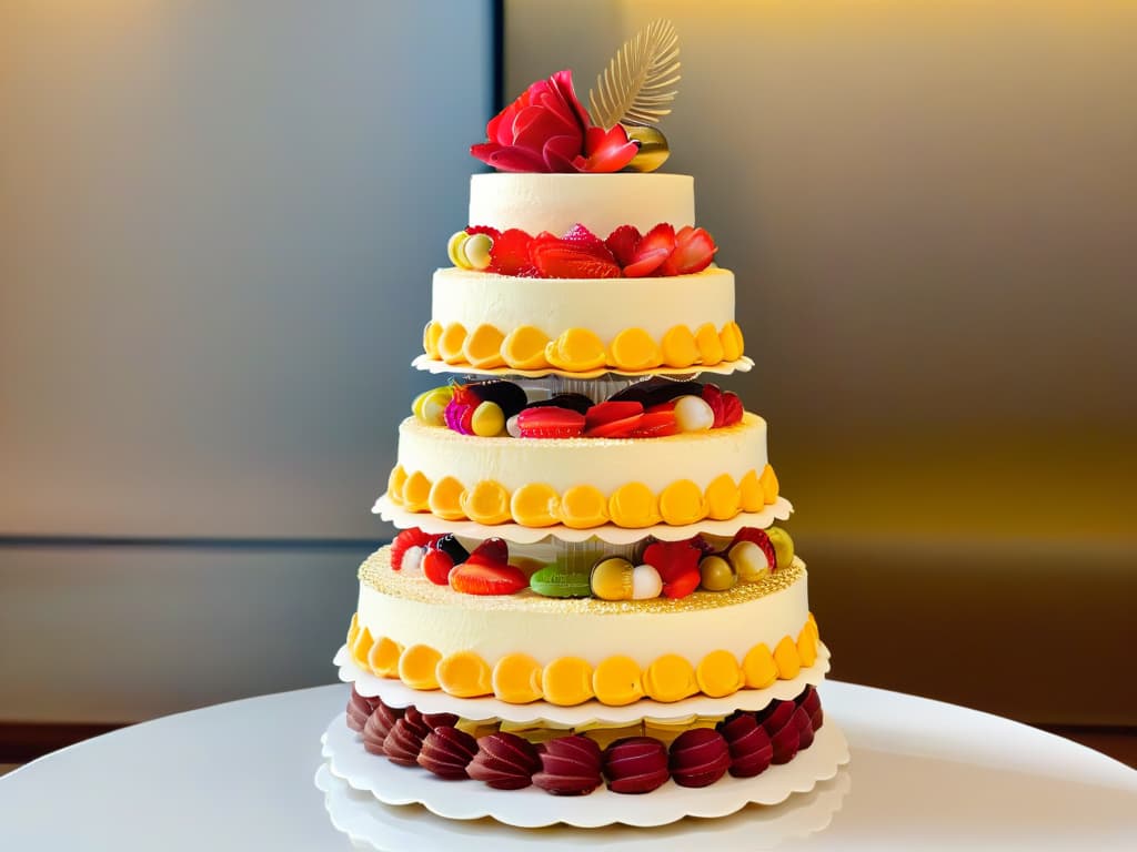  An ultradetailed closeup image of an intricately designed and flawlessly decorated macaron tower, showcasing a variety of vibrant colors and delicate textures. Each macaron is perfectly shaped with smooth, glossy surfaces, adorned with intricate patterns and edible gold leaf details. The tower is elegantly displayed on a sleek, modern pedestal against a soft, blurred background, emphasizing the meticulous craftsmanship and artistic beauty of the delectable pastries. hyperrealistic, full body, detailed clothing, highly detailed, cinematic lighting, stunningly beautiful, intricate, sharp focus, f/1. 8, 85mm, (centered image composition), (professionally color graded), ((bright soft diffused light)), volumetric fog, trending on instagram, trending on tumblr, HDR 4K, 8K