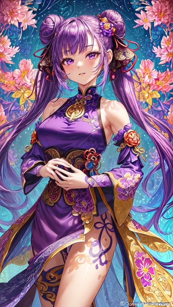  1girl,(masterpiece, top quality, best quality, official art, beautiful and aesthetic:1.2),(1girl),extreme detailed,flowers,(fractal art:1.3),colorful,highest detailed，armpit show , keqing (genshin impact),purple eyes,purple hair,twintails, hair ornament,bare shoulders,dress,hair bun,detached sleeves,