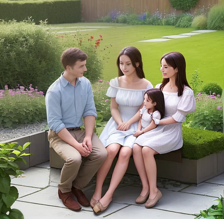  family of 4 sitting in larg garden