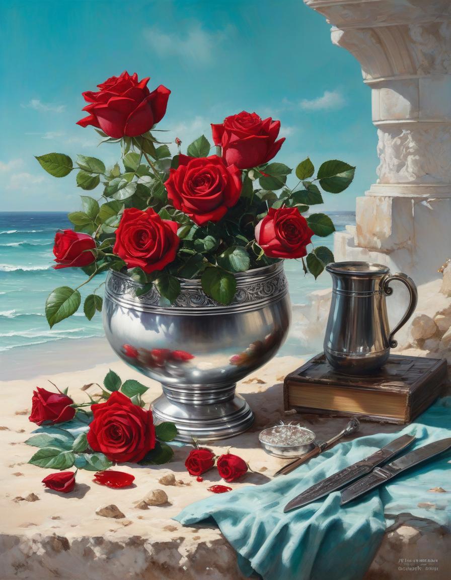  nautical themed bundle of red rose with wild flower in a wide silver sandy pot still life uniform background turquoise water drop, water color, pallete knife painting, by Marc Todd by Michael Garmash . sea, ocean, ships, maritime, beach, marine life, highly detailed hyperrealistic, full body, detailed clothing, highly detailed, cinematic lighting, stunningly beautiful, intricate, sharp focus, f/1. 8, 85mm, (centered image composition), (professionally color graded), ((bright soft diffused light)), volumetric fog, trending on instagram, trending on tumblr, HDR 4K, 8K