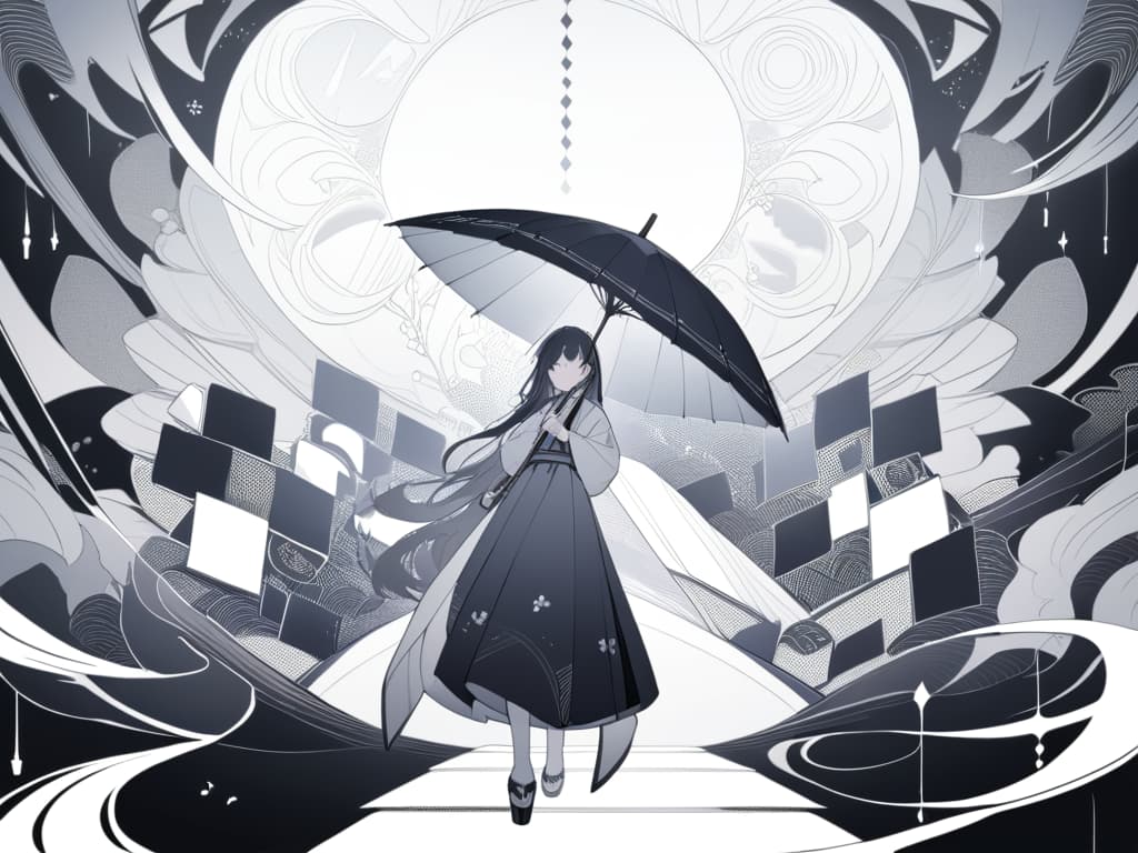  A pattern of purple and white shapes,circles and squares in the style of Japanese Ukiyoe prints,featuring an elegant woman holding an umbrella walking on one side. The background is covered with various patterns such as flowers,musical notes,lace textures,geometric figures,and other symbols. It has high contrast between light and dark colors,flat illustrations,a flat composition,delicate lines,traditional art elements,high resolution., masterpiece, best quality,8k,ultra detailed,high resolution,an extremely delicate and beautiful,hyper detail