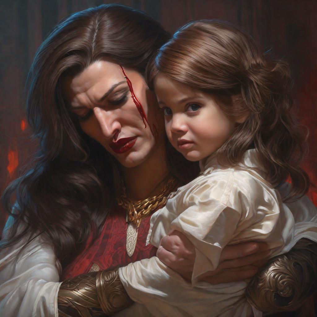  Un dictador bañándose en una tina lleno de sangre, mientras un niño es colgado de cabeza con la panza abierta en dónde sale sus tripas y sangre, realistic, portrait, art by donato giancola and greg rutkowski, realistic face, digital art, trending on artstation hyperrealistic, full body, detailed clothing, highly detailed, cinematic lighting, stunningly beautiful, intricate, sharp focus, f/1. 8, 85mm, (centered image composition), (professionally color graded), ((bright soft diffused light)), volumetric fog, trending on instagram, trending on tumblr, HDR 4K, 8K