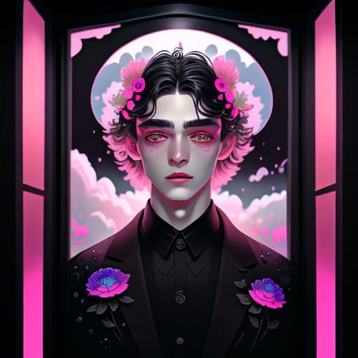 in OliDisco style open black door. men in black. light flowers. big pink clouds. winter. over-detailed face and eyes and lips and nose and body and skin and pupils and irises. eyes the black