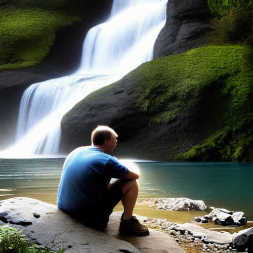 A man sits on a rock in front of a waterfall.