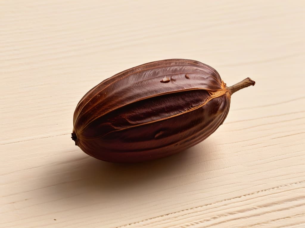  An ultradetailed closeup image of a single cacao bean on a light wooden surface, showcasing its intricate texture, rich brown color, and delicate ridges. The lighting is soft, casting gentle shadows to highlight the natural imperfections and unique markings on the bean, symbolizing the raw beauty and importance of fair trade ingredients in sustainable baking practices. hyperrealistic, full body, detailed clothing, highly detailed, cinematic lighting, stunningly beautiful, intricate, sharp focus, f/1. 8, 85mm, (centered image composition), (professionally color graded), ((bright soft diffused light)), volumetric fog, trending on instagram, trending on tumblr, HDR 4K, 8K