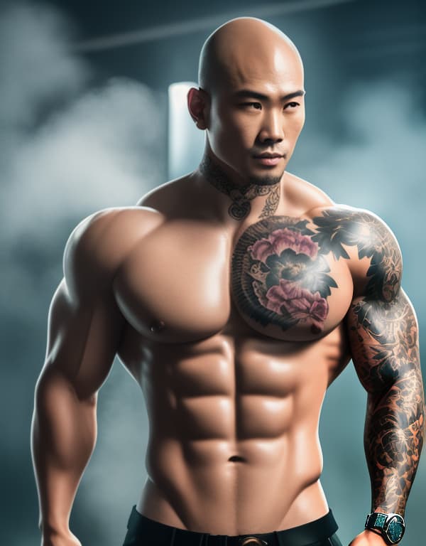  muscle, tattooed Chinese bald boy with lace taking a in river ,  whole dorsal body，chest hair hyperrealistic, full body, detailed clothing, highly detailed, cinematic lighting, stunningly beautiful, intricate, sharp focus, f/1. 8, 85mm, (centered image composition), (professionally color graded), ((bright soft diffused light)), volumetric fog, trending on instagram, trending on tumblr, HDR 4K, 8K