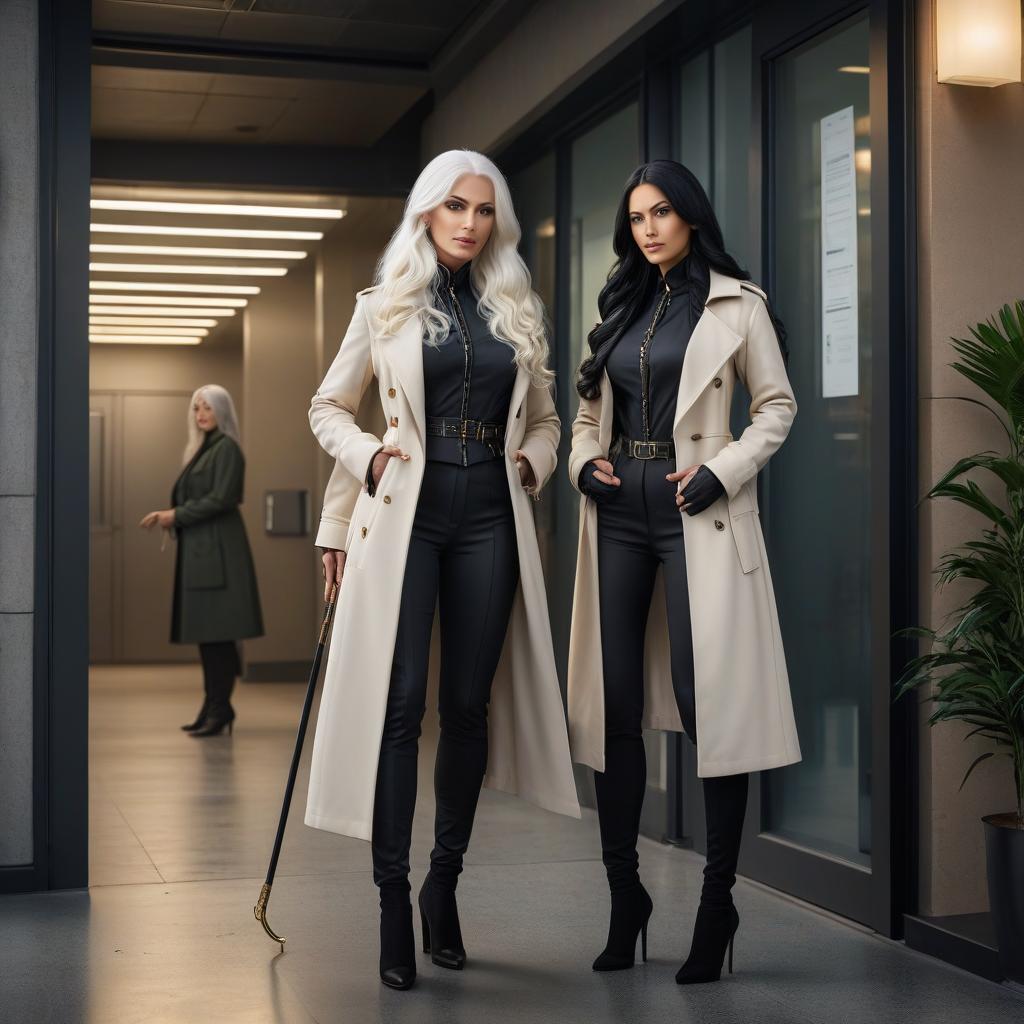  Two girls stand near the entrance to the office. One woman has long white hair and golden eyes, the other has long black hair and greenish eyes. Both are wearing coats. The woman with black hair is holding a cane, she has a mask on her face. Full length image. hyperrealistic, full body, detailed clothing, highly detailed, cinematic lighting, stunningly beautiful, intricate, sharp focus, f/1. 8, 85mm, (centered image composition), (professionally color graded), ((bright soft diffused light)), volumetric fog, trending on instagram, trending on tumblr, HDR 4K, 8K