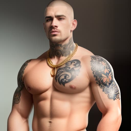 Full-body portrait photo of a 20 yea White American gangster male bodybuilder, buzzcut, hair, cute big lips, pale skin, blue eyes, mustache, manly face, strongest man in the world, impossibly big biceps, enormous triceps, huge shoulders, big pecs, extremely wide neck, huge sized , biggest calves ever, neck tattoos, full-body tattoos, neck tattoos, arm tattoos, leg tattoos, chest tattoos, 8-pack abs, huge penis, multiple plain gold chain necklaces, flexing in a city, making a face.(photographic shot, full-body view, film grain:1.1) hyperrealistic, full body, detailed clothing, highly detailed, cinematic lighting, stunningly beautiful, intricate, sharp focus, f/1. 8, 85mm, (centered image composition), (professionally color graded), ((bright  hyperrealistic, full body, detailed clothing, highly detailed, cinematic lighting, stunningly beautiful, intricate, sharp focus, f/1. 8, 85mm, (centered image composition), (professionally color graded), ((bright soft diffused light)), volumetric fog, trending on instagram, trending on tumblr, HDR 4K, 8K