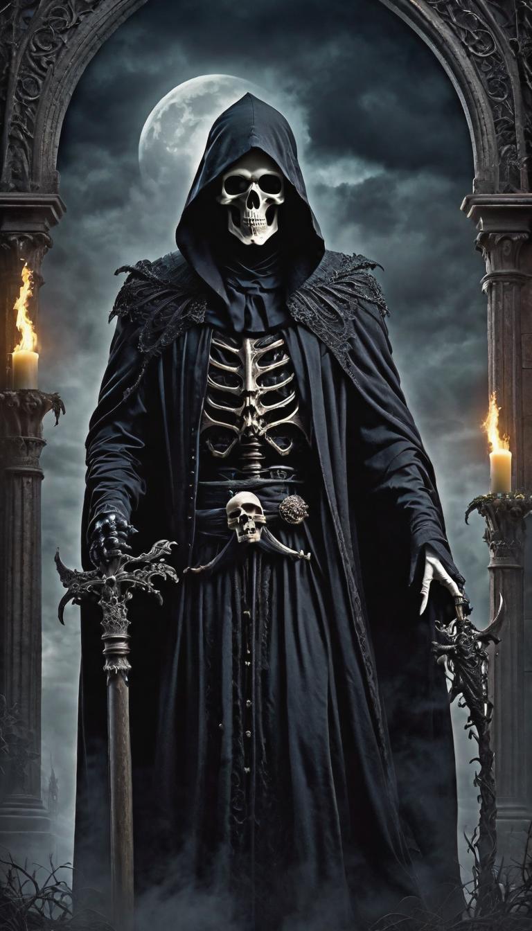  gothic style depiction of a grim reaper. Dark, mysterious, scary, haunting, dramatic, ornate, detailed. . dark, mysterious, haunting, dramatic, ornate, detailed, hyperrealistic, full body, detailed clothing, highly detailed, cinematic lighting, stunningly beautiful, intricate, sharp focus, f/1. 8, 85mm, (centered image composition), (professionally color graded), ((bright soft diffused light)), volumetric fog, trending on instagram, trending on tumblr, HDR 4K, 8K