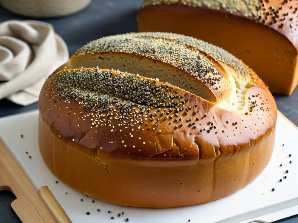  An ultradetailed closeup image of a freshly baked loaf of bread, still steaming and golden brown, topped with a sprinkling of tiny black poppy seeds glistening in the light. The seeds are perfectly arranged in a geometric pattern, highlighting their texture and adding a touch of elegance to the rustic loaf. The background is softly blurred to keep the focus on the intricate details of the bread and seeds. hyperrealistic, full body, detailed clothing, highly detailed, cinematic lighting, stunningly beautiful, intricate, sharp focus, f/1. 8, 85mm, (centered image composition), (professionally color graded), ((bright soft diffused light)), volumetric fog, trending on instagram, trending on tumblr, HDR 4K, 8K