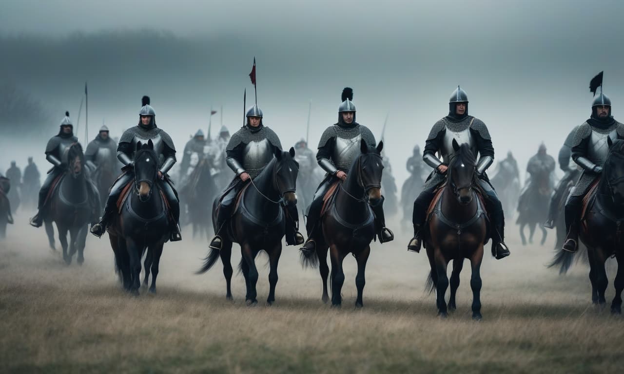  A cavalry army in black medieval armors stands in the field, looking to the left. Realism. hyperrealistic, full body, detailed clothing, highly detailed, cinematic lighting, stunningly beautiful, intricate, sharp focus, f/1. 8, 85mm, (centered image composition), (professionally color graded), ((bright soft diffused light)), volumetric fog, trending on instagram, trending on tumblr, HDR 4K, 8K